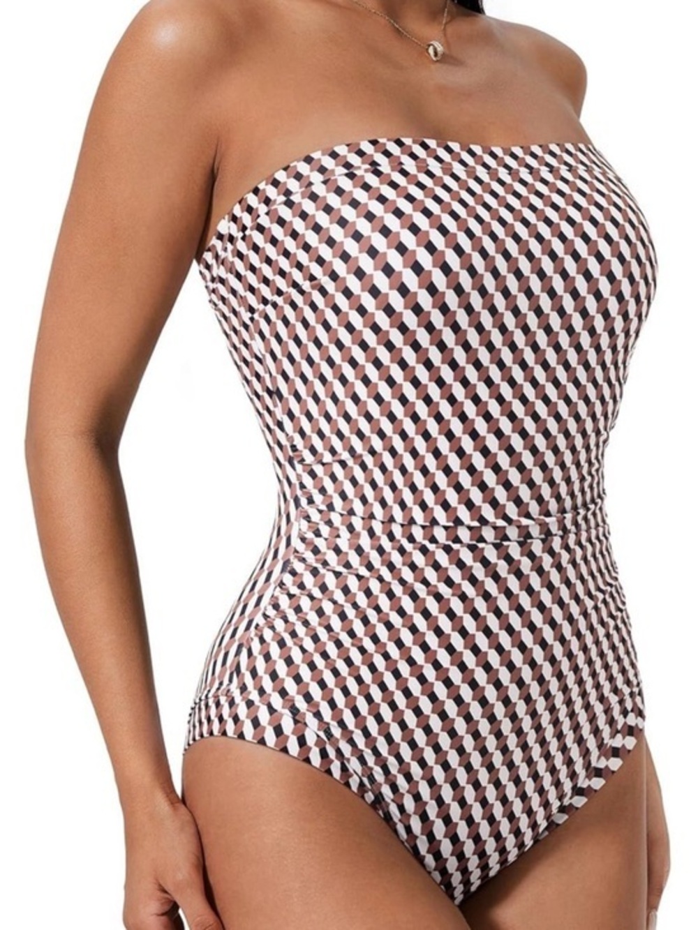 Geometric Brown Cream Strapless One Piece Swimsuit Size M Sculpting Minimalist